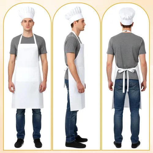 Vista 3 de Tucnoeu Sombrero de chef blanco y delantal para hombres y mujeres, disfraz de chef con 2 bolsillos, disfraz de chef para adultos para cocina