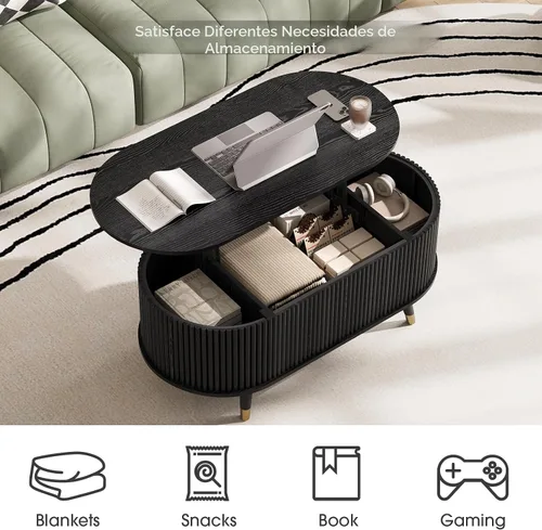 Vista 3 de JOINICE Mesa auxiliar ovalada de 42.5 pulgadas con almacenamiento, moderna mesa central negra con diseño estriado, patas de madera maciza