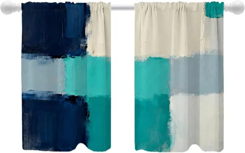 Vista 68 de Shrahala Beige and Orange Abstract Art Brushstrokes Blackout Curtain Tiers, Abstract Oil Paint Kitchen Valance Light Blocking Tier Drapes with Rod