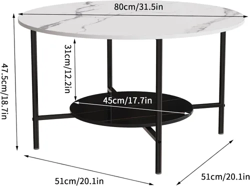 Vista 3 de Wisfor Mesa de centro de mármol para sofá de mesa: mesa central redonda de piedra sinterizada blanca de 2 niveles con Fram negro para sala de estar