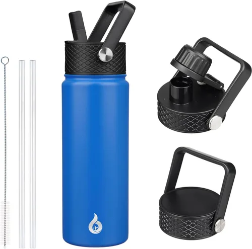 Vista 88 de BJPKPK Botellas de Agua Aisladas con Tapa de Pajita, Botella de Agua de Acero Inoxidable de 18oz, Termo Frío Caliente con 3 Tapas, Vaso de Viaje a