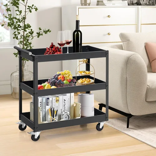 Vista 8 de Goplus Carrito utilitario de 3 niveles, carrito de herramientas de servicio comercial resistente con ruedas bloqueables, capacidad de carga de 330