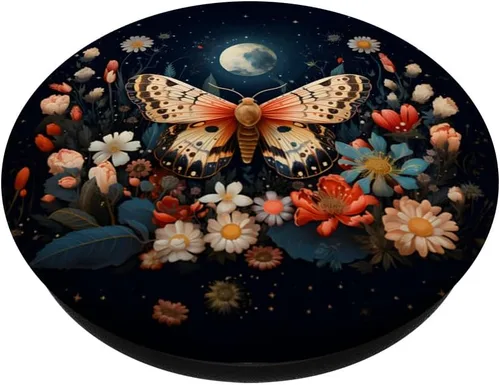 Vista 2 de Hermosas flores polilla luna noche estrellada PopSockets estándar PopGrip