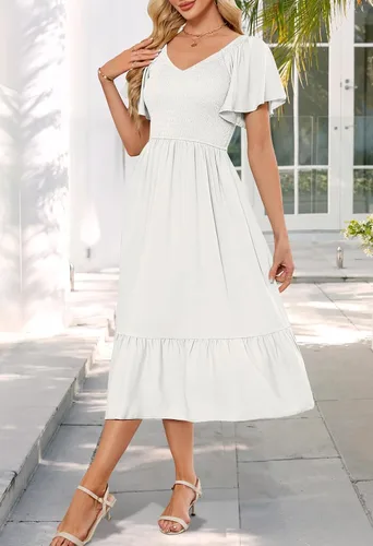 Vista 3 de MEROKEETY Vestido midi casual de verano con cuello en V y mangas fruncidas con volantes y cintura alta con bolsillos
