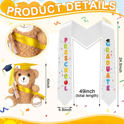 Vista 3 de Unittype 24 piezas de vestido de graduación preescolar con borla, estola de graduación, osito de felpa para niños