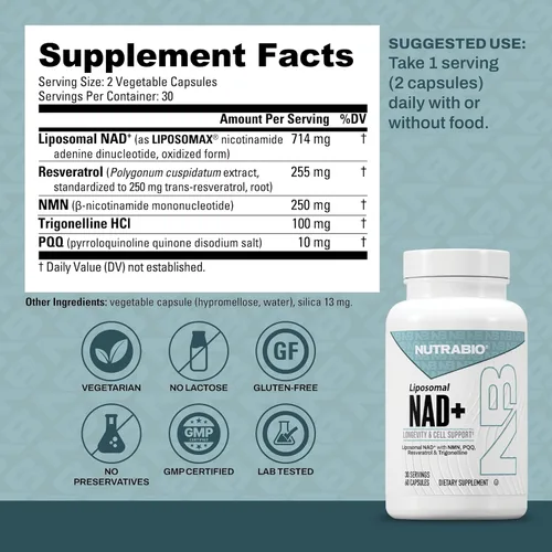 Vista 2 de NutraBio Suplemento liposomal NAD+ con resveratrol, NMN y PQQ para la longevidad y el apoyo celular para hombres y mujeres, vitalidad a largo plazo
