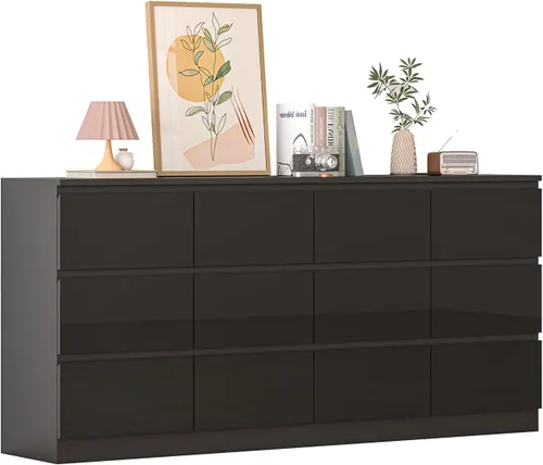 Vista 6 de Cómoda de 12 cajones con estación de carga, cómoda grande moderna con 12 cajones sin asas, cómoda de almacenamiento de madera para dormitorio, sala