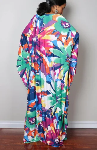 Vista 2 de Vestidos caftán para mujer con cuello ondulado, vestido de caftán, vestido de playa largo de gran