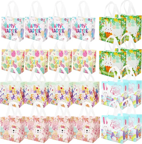 Vista 10 de Aviski 12 bolsas de caza de huevos de Pascua de varios tamaños, bolsa de regalo de huevos de gallina de zanahoria con asas, bolsas de regalo