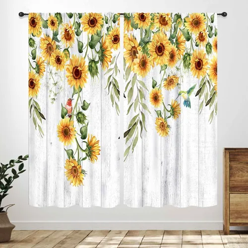 Vista 19 de Cortinas infantiles de abejas, cortinas de campo de primavera de acuarela de girasoles florales de nido de abeja, adorables abejas, cortinas