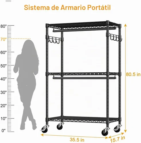 Vista 6 de ULIFHOME P1 Perchero enrollable, armario portátil con ruedas, perchero resistente para colgar ropa, 35,5" de ancho x 15,7" de profundidad x 80,5