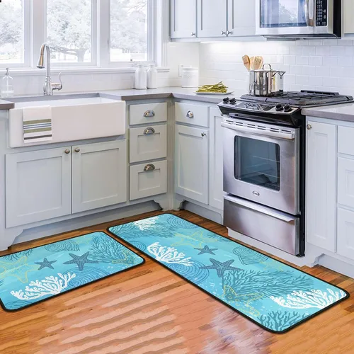 Vista 10 de Juego de 2 tapetes de cocina negros antideslizantes y lavables, juego de 2 tapetes decorativos antifatiga para áreas de cocina y comedor, decoración
