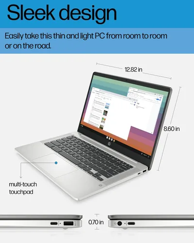 Vista 5 de HP Laptop Chromebook 14, Intel Celeron N4120, 4 GB de RAM, 64 GB eMMC, pantalla HD de 14 pulgadas, Chrome OS, diseño delgado, gráficos 4K, batería