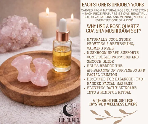 Vista 5 de Este juego de hongos Gua Sha para niña hippie, herramienta de masaje para tonificación facial de cuarzo rosa y esculpir yoga, herramientas