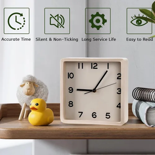 Vista 2 de Maxspace Reloj de pared de madera, reloj de pared cuadrado silencioso de 8 pulgadas sin tictac, funciona con pilas, reloj moderno y simple