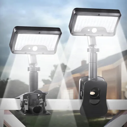 Vista 12 de Luces solares con clip para exteriores con sensor de movimiento, luces de valla solares ajustables verticalmente y giratorias en 360° con 92 LEDs