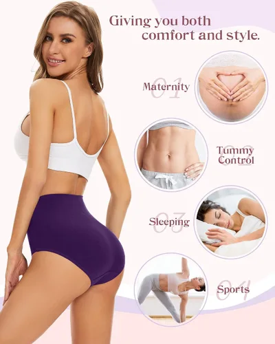 Vista 5 de Sunm Boutique Ropa interior de algodón para mujer, de cintura alta, cobertura completa, bragas, talla grande, paquete de 3457