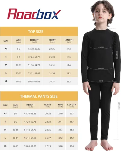 Vista 6 de Roadbox Conjuntos de ropa interior térmica para niños, ultra suave, con forro de FLeece, capa base larga y bolsillos