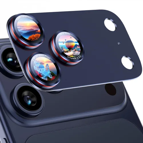 Vista 10 de Uyiton Protector de lente de cámara para iPhone 17 Pro - [Tipografía única + lente de teléfono diseño de círculo rojo] Cubierta de cámara de vidrio