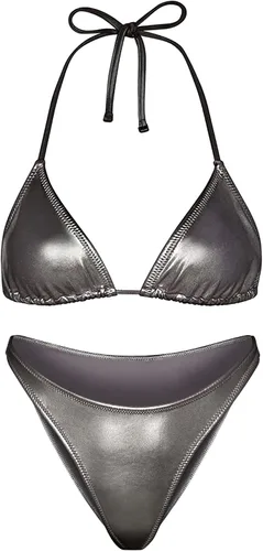 Vista 5 de Conjunto de bikini metálico para mujer, traje de baño sexy plateado con triángulo, parte superior e inferior