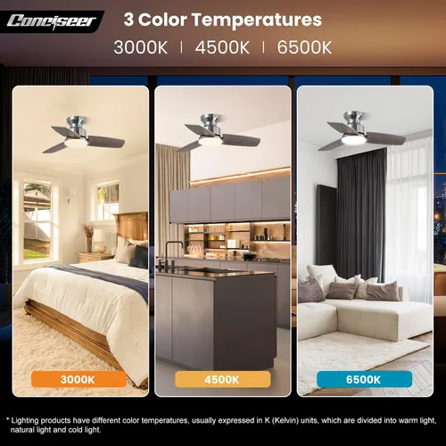 Vista 6 de Conciseer - Ventiladores de techo de 30 pulgadas con luces y control remoto, para dormitorio, sala de estar, oficina, montaje empotrado, 3CCT