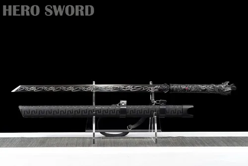 Vista 8 de Espada china de acero al manganeso de alto manganeso negro Tang Dao - Espada china lista para combate, cuchillos de hoja afilada de espiga completa
