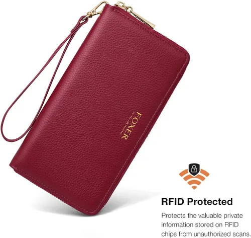 Vista 4 de FOXLOVER Carteras de cuero genuino para mujer, con bloqueo RFID, con cremallera, con pulsera