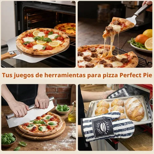 Vista 6 de Juego de Pala y Bandeja para Pizza, 7 Piezas de Accesorios para Horno de Pizza, Pala de Pizza de Metal de 12 Pulgadas (12"x 14") con Mango de Madera