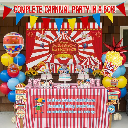 Vista 5 de Decoraciones de fiesta de cumpleaños con temática de circo e incluyen guirnalda de globos rojos, azules y amarillos y globos de papel de aluminio