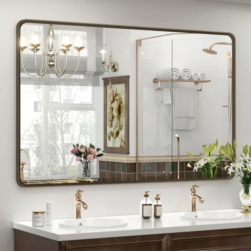 Vista 55 de OKPAL - Espejo de tocador de baño de 20x24 pulgadas con marco de metal cepillado en bronce, espejo de baño con marco de metal cepillado en bronce