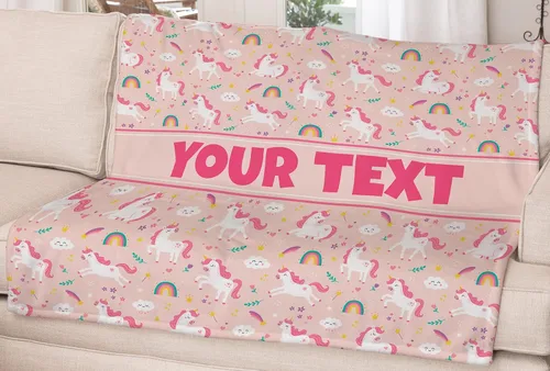 Vista 2 de Manta personalizada para niños – Unicornios (rosa), nombre/texto personalizado, manta de forro polar de felpa suave y acogedora, regalo