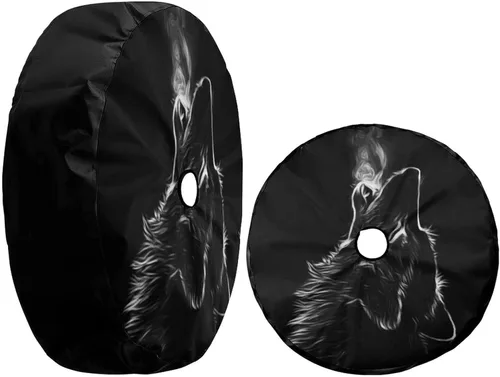 Vista 3 de Cubierta de neumático de repuesto negra 3D con agujero para cámara de respaldo en forma de lobo. Cubierta de rueda para remolque, vehículo