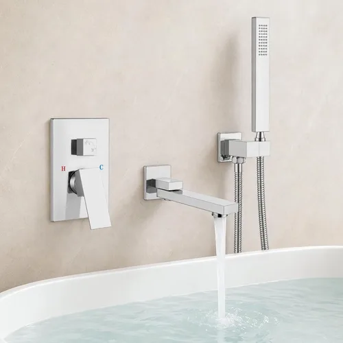 Vista 11 de gotonovo - Grifo de bañera montado en la pared con rociador de mano, juego de grifo de ducha giratorio de 180°, sistema de ducha de baño de una sola