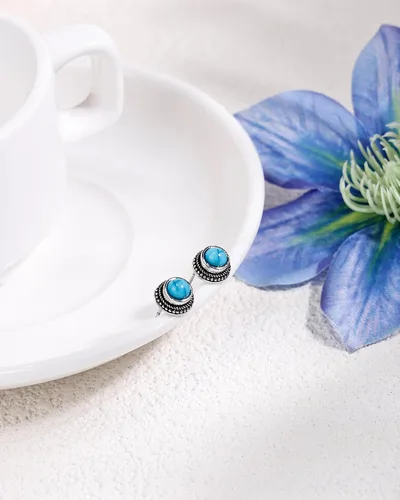 Vista 6 de Aretes de turquesa tibetana de plata de ley 925 con piedras preciosas bohemias, hipoalergénicos, hechos a mano, para mujer, moda de moda