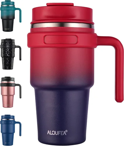 Vista 13 de Taza de café aislada de 20 onzas con asa, vaso de viaje de acero inoxidable con tapa y popote, taza térmica de doble pared al vacío a prueba de Negro