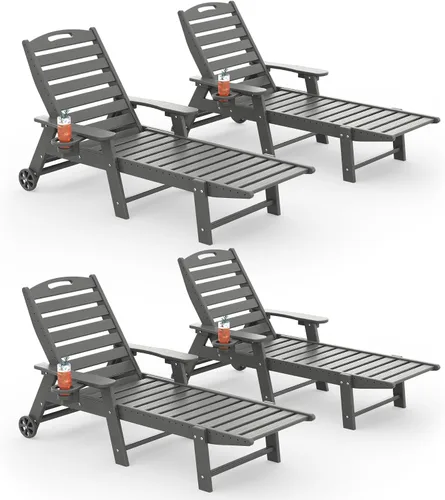 Vista 15 de Tumbona al aire libre, silla de descanso al aire libre con textura de madera, respaldo ajustable de 5 posiciones, silla de salón de polietileno