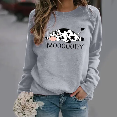 Vista 2 de Sudadera con capucha para mujer, diseño de vaca Moody, con bonito bloque de color, delgada, de manga larga