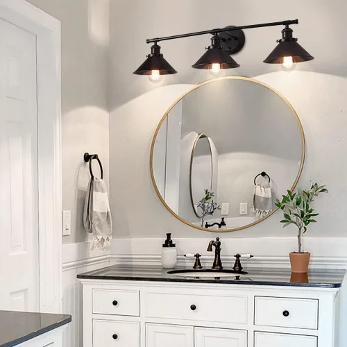 Vista 6 de TOULMJ Lámparas de tocador de baño, luces de tocador de granja, 3 lámparas de baño sobre espejo de pared con pantalla de metal, luces de tocador