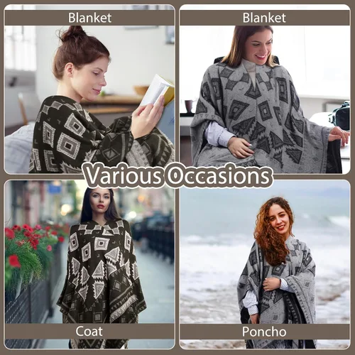 Vista 7 de Hoosige Poncho con borlas y frente abierto para mujer, 51.2 x 61 pulgadas, chal cálido para invierno, cárdigan estampado para mujer, otoño