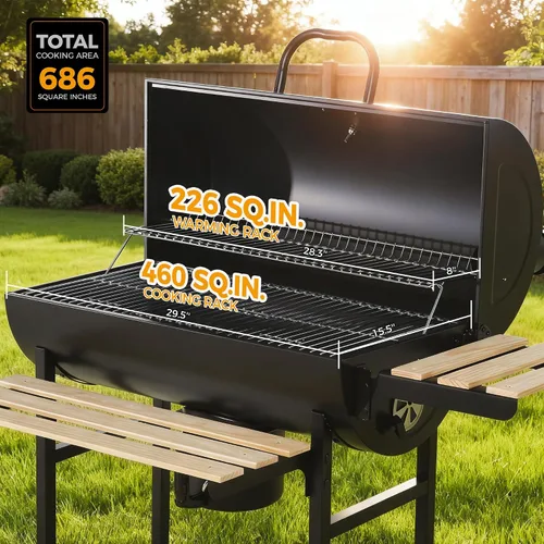 Vista 2 de MASTER COOK Parrilla de carbón de barril con estante frontal plegable de madera, 686 pies cuadrados área de cocina al aire libre, termómetro