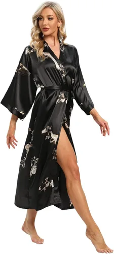 Vista 4 de Batas largas de satén suaves para mujer, batas largas de seda de longitud completa, kimonos, bata de baño sedosa, bata de baño Estampado floral