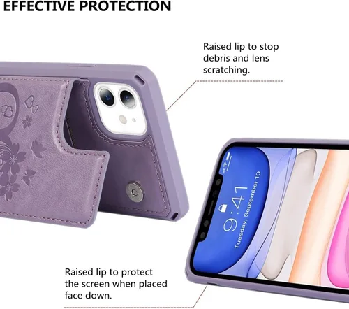 Vista 11 de iCoverCase Funda compatible con iPhone 11 con tarjetero para mujer, bloqueo RFID en relieve, piel sintética con correa de muñeca de 6.1 pulgadas
