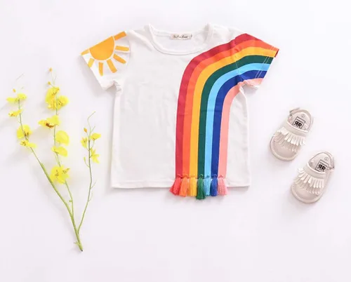 Vista 3 de Camiseta de manga corta con borlas, diseño de arco iris, a rayas, para el verano, para niños y niñas