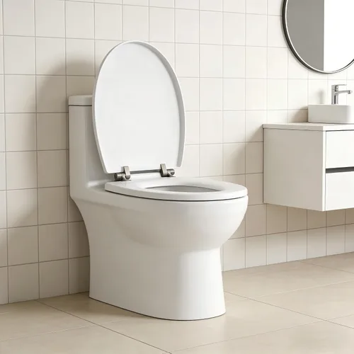 Vista 2 de Asiento de inodoro redondo de madera esmaltada con bisagras de metal de níquel cepillado, ajuste seguro para accesorios de baño, color blanco