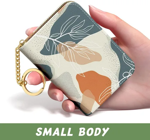 Vista 2 de Soporte para tarjetas de crédito para mujer pequeña cartera RFID de cuero delgado organizador de tarjetas de visita con cremallera y llavero Hoja