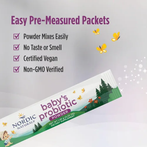 Vista 4 de Nordic Naturals Baby's Nordic Flora Probiotic Powder, sin sabor, 30 paquetes, 4 mil millones de UFC, salud digestiva y apoyo inmunológico para bebés