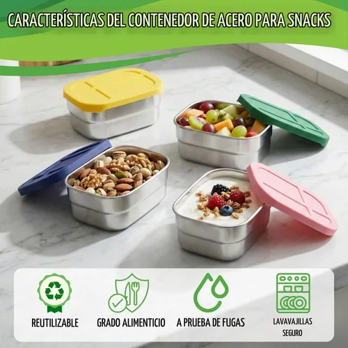 Vista 2 de Contenedores de acero inoxidable de 8 onzas con tapas de silicona, paquete de 4 recipientes de aperitivos de acero inoxidable, sin BPA