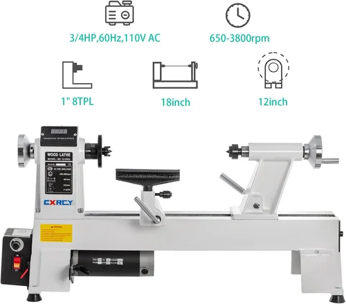Vista 2 de CXRCY Torno de madera de 12" x 18", máquina de torno de madera de sobremesa 3/4 HP Velocidad infinitamente variable 650-3800 RPM con gafas