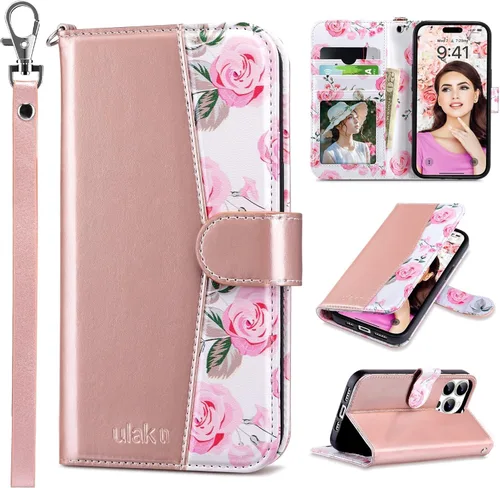 Vista 31 de ULAK Funda tipo cartera compatible con iPhone 15 Pro con tarjetero y diseño de flores, para mujeres y niñas, piel sintética, con función atril