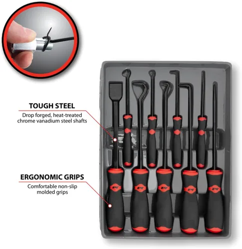 Vista 3 de Performance Tool W948 - Juego de gancho/púa/raspador, 9 piezas, negro/rojo